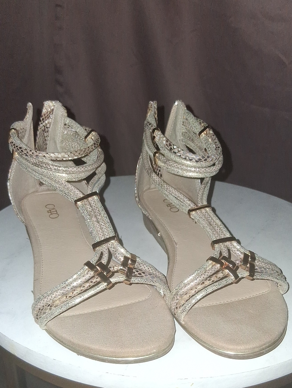 Cato Fashions Gold Snake Skin Print Gladiator Sandals.